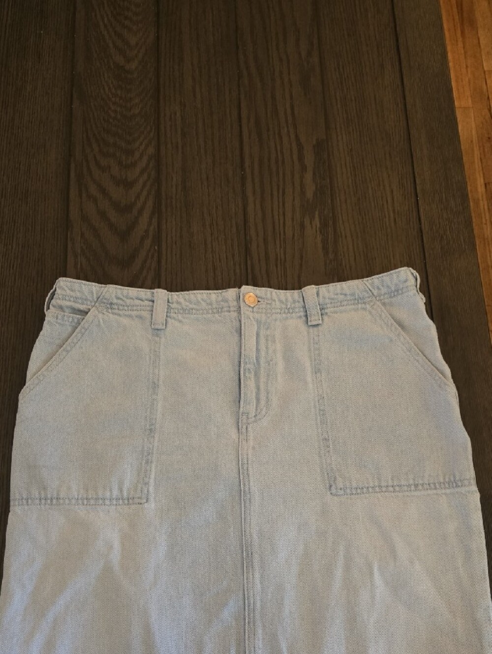 Light Blue Denim Midi Skirt with Front Patch Pockets - Picture 4 of 8